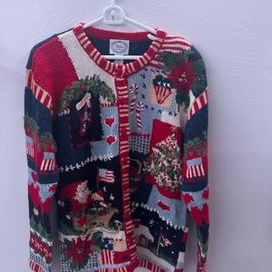 Vtg Stitches In Time Christmas Theme Cardigan Ugly Sweater Large Americana Santa